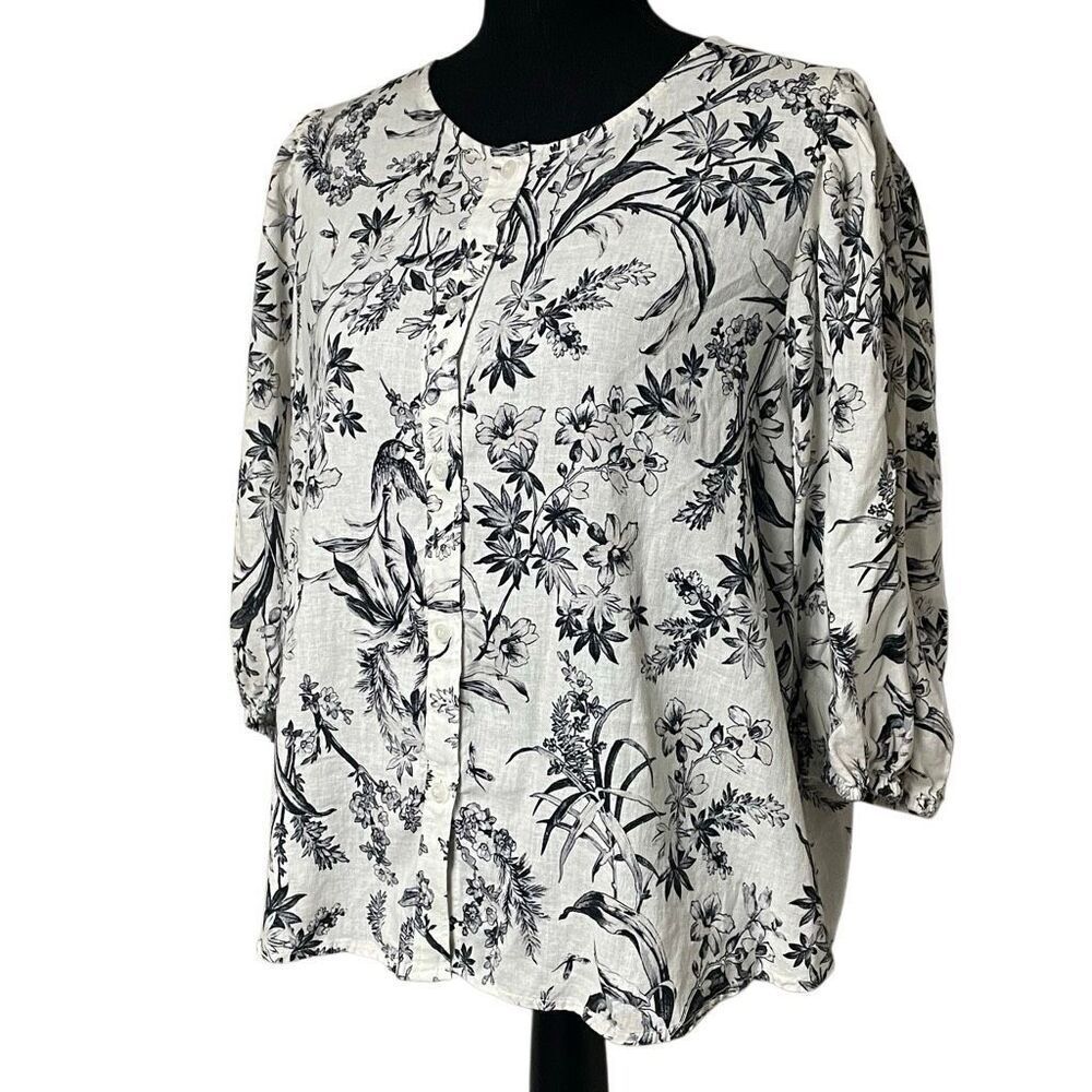 H&M Off White and Black Floral Button Front Balloon Sleeve Top N0537